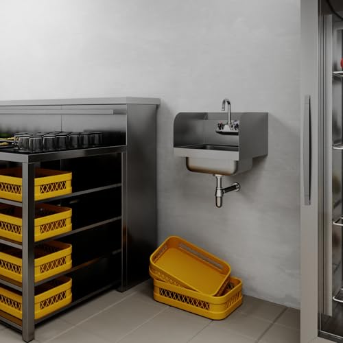 Image of 15 in. x 15 3 /4 in. NSF Certified Stainless Steel Hand Sink with Side Splash Guards- Commercial Wall Mount Hand Basin with Faucet. Ideal for Restaurants, Bars, Kitchens, and Stores