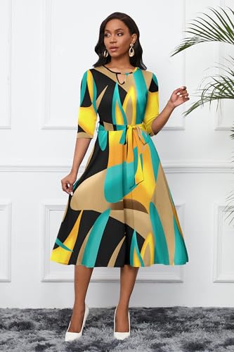 Image of CLOCOR Midi Dresses for Women Casual A-Line Fit and Flare Dress Crewneck 3 /4 Sleeve Keyhole Cocktail Party Church Dress