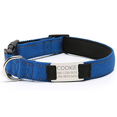 Amakunft犬の首輪 ソフトパッド入り 通気性ナイロン ペット首輪 小中型大型犬用に調整可能 名前 連絡先刻印可能 迷子札プレート 9色4サイズ 反射 ダークブルー L