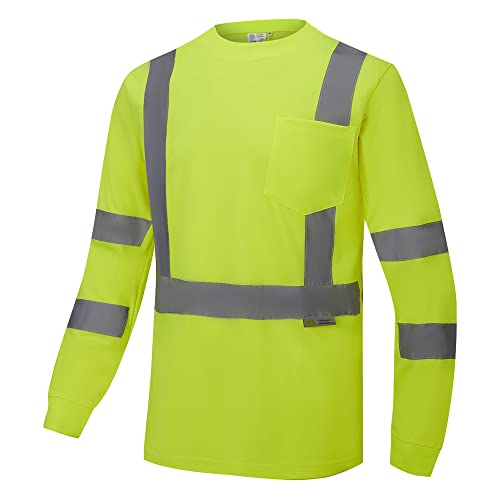3C Products ST3300 Class 3 Hi-Vis Long Sleeve T-Shirt/Reflective Strips Cotton Feel Chest Pocket Neon Green/Yellow/Lime (4X-Large)