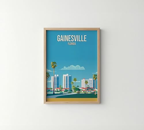 Gainesville Florida City Wood Framed Poster Art Print, Skyline Cityscape Wall Art Illustration Posters, Landscape Travel Map Decor Gallery 24A (Gainesville Florida, 11"W x 14"L, Wood Frame)