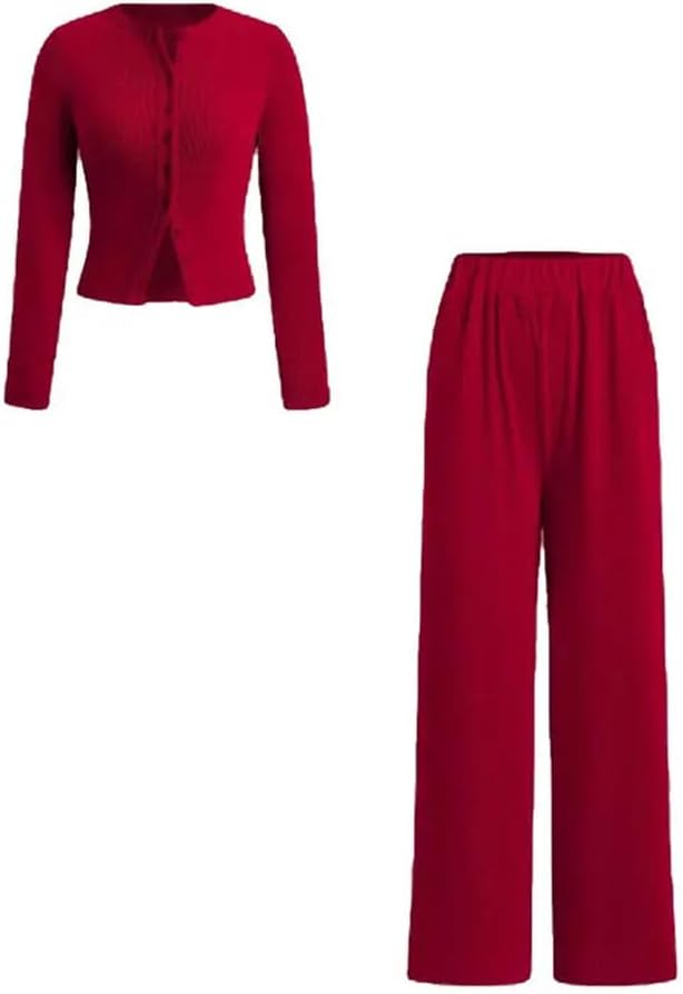 Solid Color Casual Round Neck Single Breasted Slim Fit Long Sleeve Top Wide Leg Pants Women's Two-Piece Set