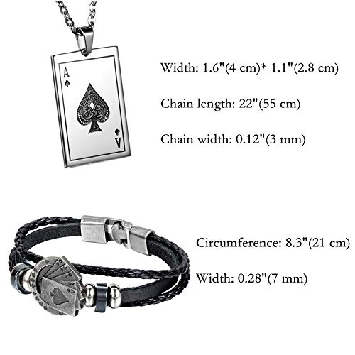 Aroncent 2 Pcs Stainless Steel Ace Of Spades Necklace Braided Leather Cool Bracelet Poker Jewerly Set Cool Bracelets Cool Necklace For Men #TOP4