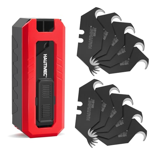 HAUTMEC Pro Hook Blades for Utility Knife 10-Pack SK2H Hook Razor Blades with Safety Dispenser Universal Replacement Utility Blades for Roofing Carpet Linoleum & Flooring Cutting HTUBH25010