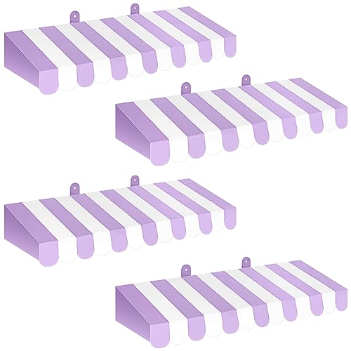 Image of Boao 4 Pcs 3D Cardboard Awning Decor,Purple and White,Striped Style | Paper Awning, Circus Carnival Theme, For Bulletin Board, Lemonade Stand, Bakery & Ice Cream Truck, Wall Window Backdrop
