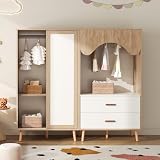Kebnor Perchero infantil con puerta corredera + armario abierto, armario combinado, juego de muebles combinados, combinación de colores blanco y madera natural, altura 141,5 cm