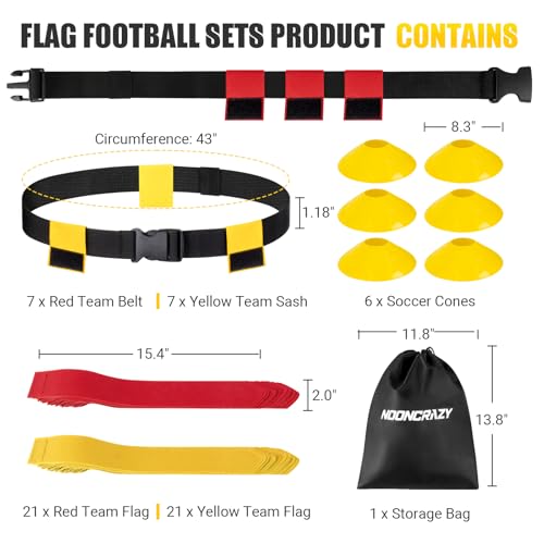 Flag Football Belts, 14 Player Flag Football Set with Belts, Flags, Soccer Cones & Bag for Kids, Youth & Adult, Adjustable Flag Football Equipment for Max Waist Circumference of 43