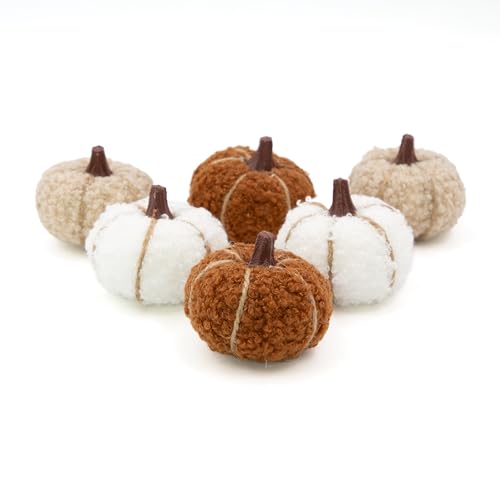 Benross 6 Soft Teddy Fabric Pumpkins in Autumnal Neutral Colours / 6cm Decorative Pumpkins for Cosy Autumn Home Décor 85069