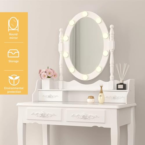 Image of Alohappy Girls Makeup Vanity Set, Dressing Table Desk with Lighted Mirror and Stool, Makeup Table with 4 Drawers for Bedroom, Bathroom (Vanity with Lighted Mirror)
