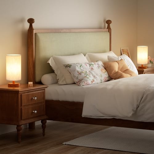 Image of Fenmzee Small Lamps Set of 2 - Inline Control, Bedside Table Lamp for Bedroom with 3000K A15 LED Blub, Easy Assembly (Cream Shade - Walnut Base Set of 2, 9 inch Inline Control)
