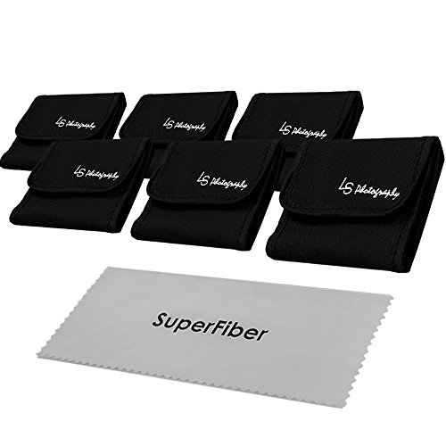 LS写真(6個) X 3ポケットカメラレンズフィルタケースラウンド円形または正方形フィルタのキャリーポーチとグレーSuperfiberレンズクリーニングクロス、lgg64