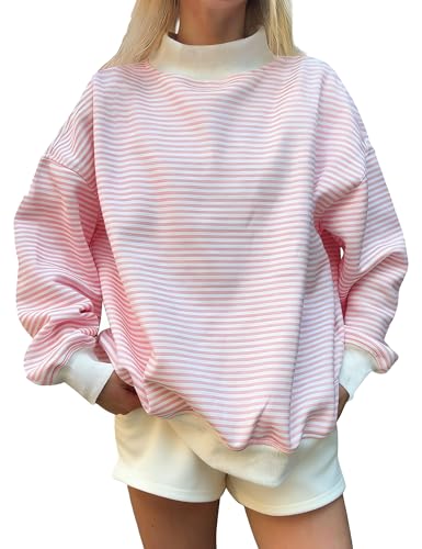 DURUNUL Women Oversized Mockneck Sweatshirt Striped Mock Neck Long Sleeve Pullover Sweatshirts Fall Winter Lounge Tops Pink