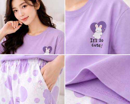 Image of Women's Pure Cotton Nightwear Set - Cute Printed Lavender Half Sleeve T-Shirt and Pajama Set for Girls, Comfortable Loungewear & Sleepwear