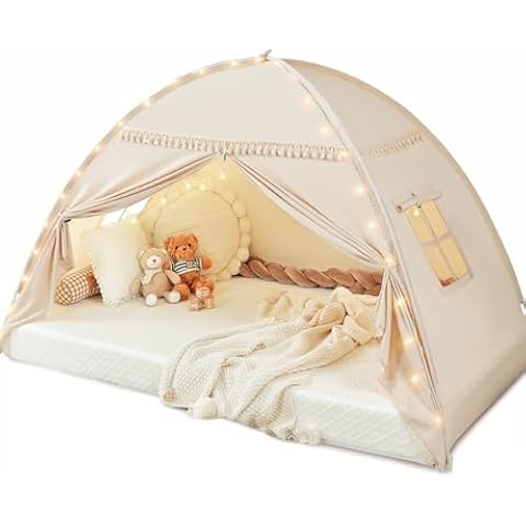 Monobeach Toddlers Twin Bed Tent Canopy: with Lights & Flags for Large Size Girls & Boys House Gifts - Tassel Kids Play Tent Indoor Princess Toys - Portable & Foldable Children Playhouse Outdoor Cover