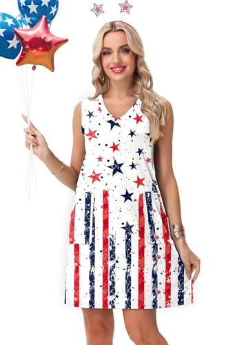 Image of Deerose Womens July 4th Sleeveless Dress American Flag Swim Cover Up Dress with Pockets