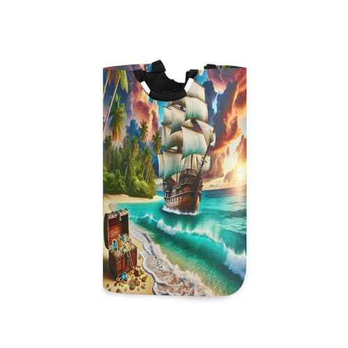 Jihqo Laundry Hamper Basket Sea Pirate Ship Collapsible Nursery Storage Bin Waterproof Clothing Baskets for Home Bedroom Bathroom Washing Room