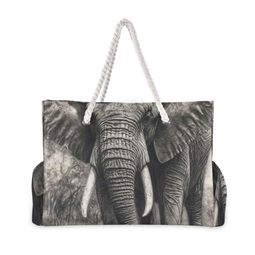 Retro Grey Elephant Portable Tote Bag For Women with side pocketes Travel Duffel Bag for Travel Gym Vacation2