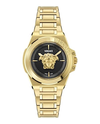 Versace Hera Collection Luxury Womens Watch Timepieces with a Gold Bracelet and Case Featuring a Black Dial