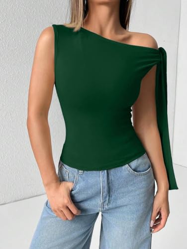 Image of TIVANTE Solid Asymmetrical Shoulder Tie Strap Crop Top for Women