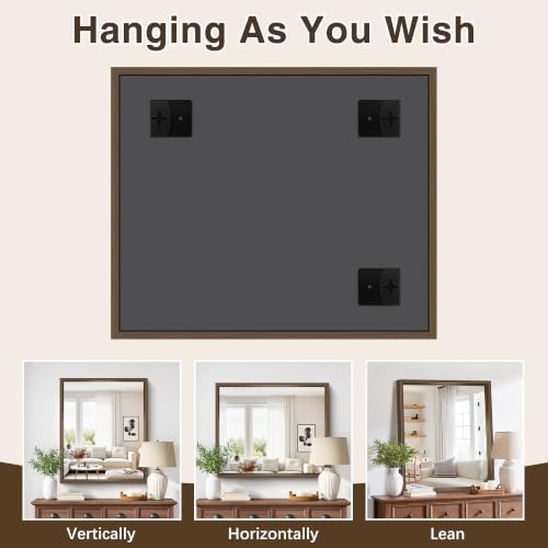 Image of Bathroom Mirror, 30 x 36 inch Walnut Wood Grain Colored Aluminum Metal Frame Bathroom Vanity Mirror, Rectangle Wall Mirror for Bedroom Living Room, Tempered Glass, Horizontal or Vertical