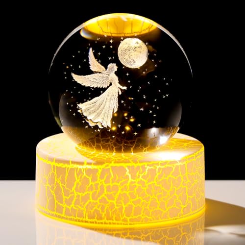 Movdyka Figurine d'ange gardien 3D en cristal de 6 cm - Cadeau pour femme, fille - Boule de chérubin à collectionner avec base lumineuse chaude pour amis et famille -...