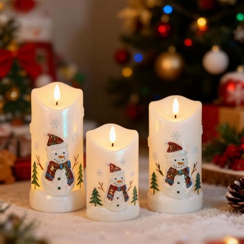 Image of Wondise Christmas Snowman Flameless Candles, Real Wax Battery Operated with Remote Timer, Glitter White Snowman LED 3D Wick Flickering Pillar Candles for Christmas Decor