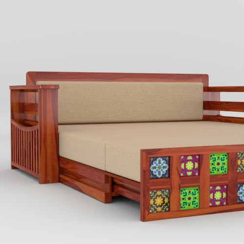 Image of Solid Sheesham Wood Sofa Cums Bed with Mattress & Storage | Rosewood Convertible Sofa Bed for Living Room & Bedroom (F-Honey Finish, 3 Seater)