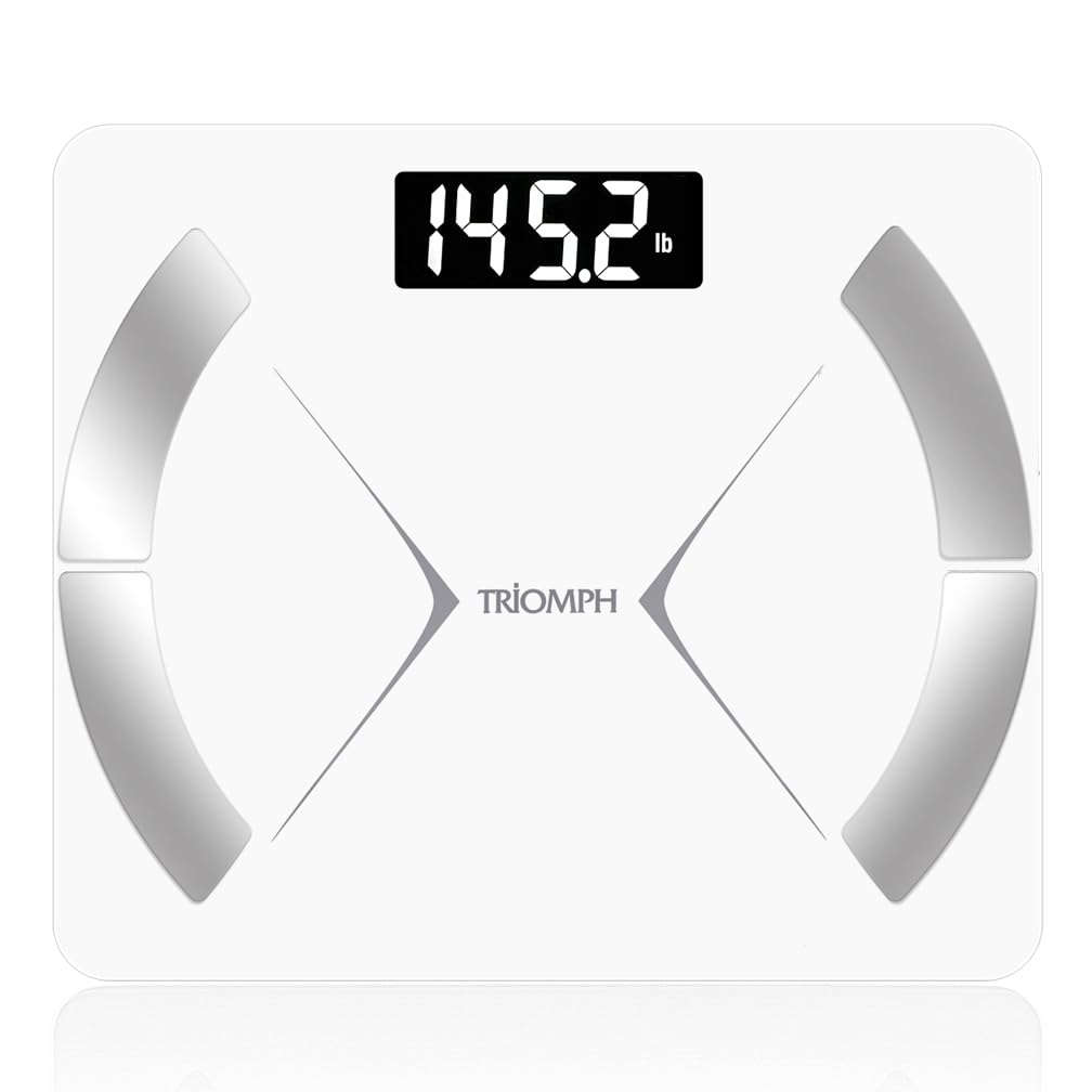 Triomph Bluetooth Smart Body Fat Scale with iOS/Android App - Digital Body Composition Analyzer Measures Body Weight, Body Fat, Water, Muscle Mass, BMR, Bone Mass and Visceral Fat, 400 lbs, White