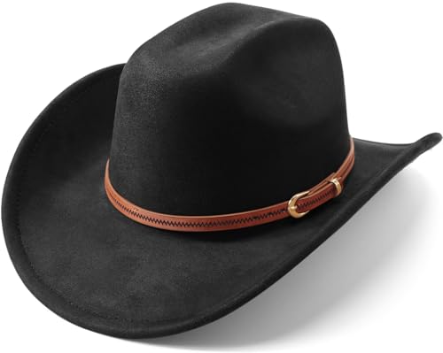 Image of DRESHOW Cowboy Hat for Women and Men Wide Brim Western Cowboy Cowgirl Hat with Belt Buckle Unisex Rolled up Caps