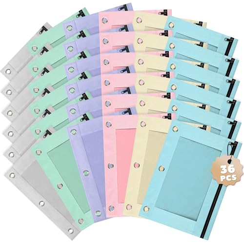 Image of Lanpn Pencil Pouch for 3 Ring Binder 36 Pack, Pastel Binder Pen Bags Bulk with Zipper, Aesthetic 3 Holes Pencil Pouches Organizer for Boy Girl Kids School Student, Reinforced Grommets & Clear Window
