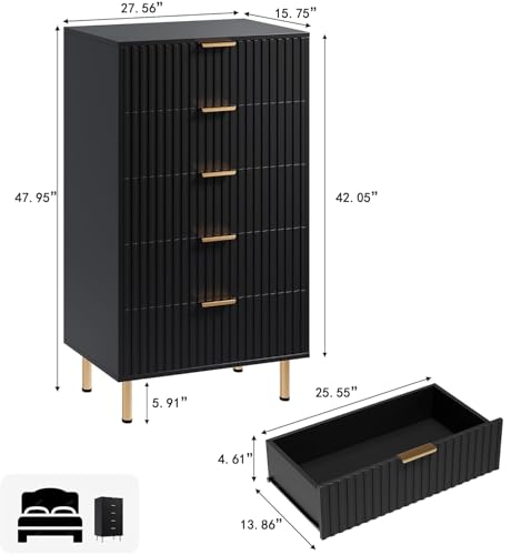 5 Drawer Dresser for Bedroom, 48" Tall Modern Chest of Drawers with Deep Drawers and Wide Top, Fluted Wooden Dresser Organizer for Living Room, Hallway, Kids Room, Black