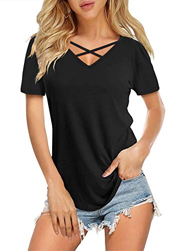 DittyandVibe Women's Short/Long Sleeve V Neck Criss Cross T-Shirt Tops