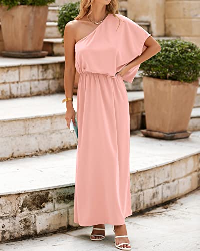 Amkoyam Women's Summer One Shoulder Maxi Dresses 2023 Casual Batwing Sleeve High Waist Split Party Cocktail Long Dress(Pink,Medium) #TOP7