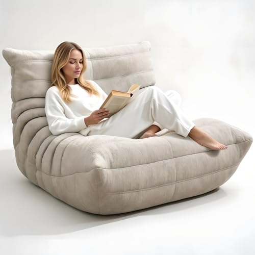 Sofá Puff Salón Gigante Tipo Oruga con Espuma de Alta Densidad, Sillón Puff Sin Estructura con Diseño Ergonómico L-Shape, Bean Bag Chair de Tela Chenilla Suave para Salón Dormitorio Relax (Crema)