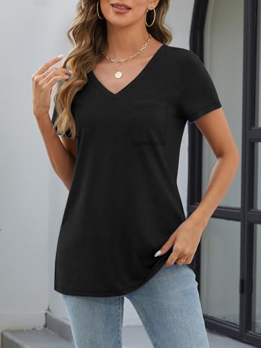 Womens T Shirts Short Sleeve V Neck Tops with Pockets Summer Fashion Trendy Soft Casual Comfy Outfits Clothes 20253