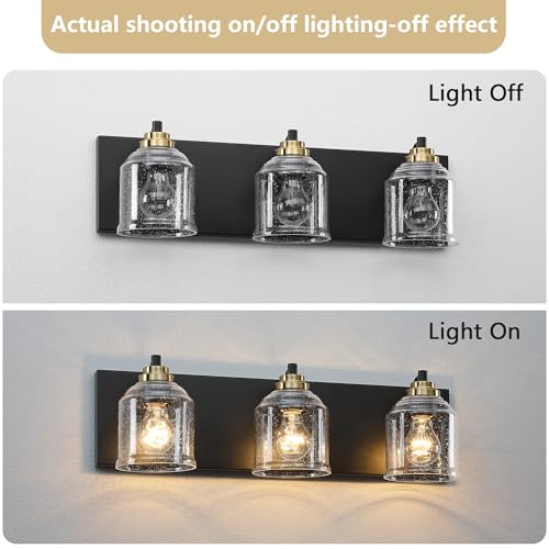 Image of Vanity Lights for Bathroom Large 23 inch, Farmhouse Rustic Vanity Light with Bubble Glass Shades, Black and Gold 3 Light Bathroom Lighting Fixtures Over Mirror, Bath Wall Sconce Home Decor