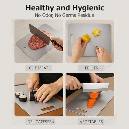 Image of Empune 304 Stainless Steel Rectangular Chopping Board for Kitchen | with 1 Steel Straw & Anti-Skid Silicon Pad | Both Side Usable | for Cutting Vegetables, Meat, Fish, Fruits | M | 31 x 21 cm