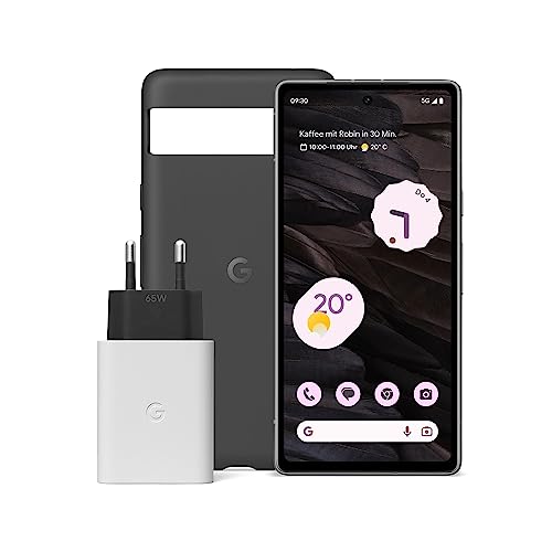 Google Pixel 7a und Ladegerät – 5G-fähiges-Smartphone ohne SIM-Lock – Charcoal + Pixel 7a Case – Langlebige Silikon-Schutzhülle für Android-Smartphone...
