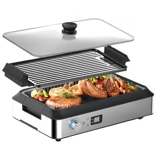 Barbacoa multifuncional de 1500 W, parrilla eléctrica sin humo, revestimiento antiadherente, control de temperatura con perilla, ideal para barbacoas en interiores y cocina casera.