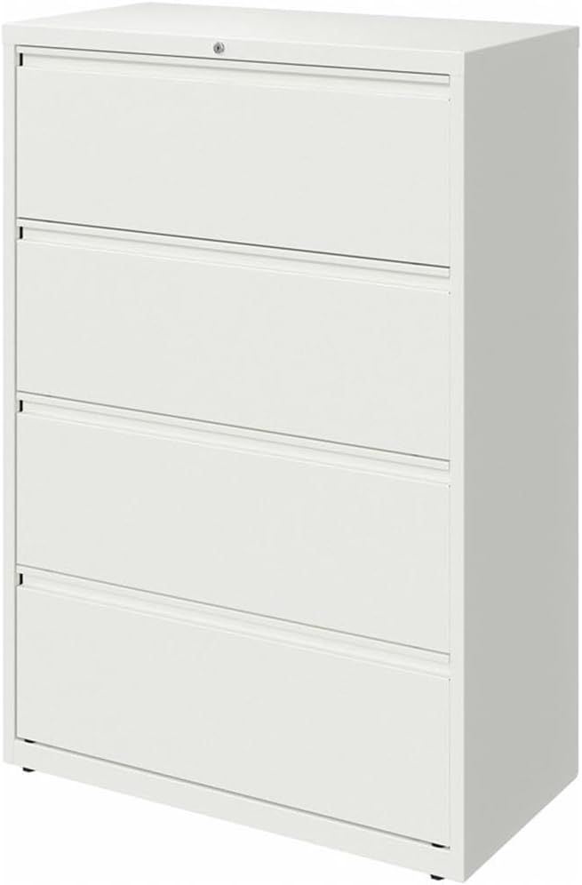 BOWERY HILL 36" Wide Metal Lateral File Cabinet, Matte White Textured Finish, 4 Drawers, Heavy-Duty Steel Construction, Ball-Bearing Suspension, Interlock System, Secure Office Storage for Workspace
