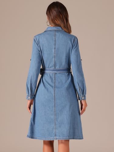 Image of Allegra K Denim Dress for Women's Long Sleeve Button Down A-Line Belted Classic Jean Dresses
