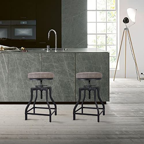 Lokkhan Set Of 2 Modern Industrial Bar Stool-Black Metal Swivel Grey Pu Leather Seat-19-23 Inch Height Adjustable Rustic Farmhouse Kitchen Breakfast Stools For Counter Island,Welded,Backless #TOP1