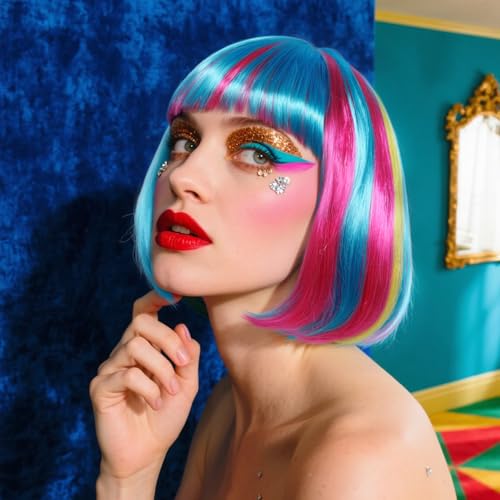Image of ANOGOL Hair Cap + (Sunglasses) Rainbow Wig Yellow Blue Pink Bob Wig with Bangs Womens Party Wigs with Star-Shaped Glasses Short Neon Wig Daily Party Fun Wigs Women Halloween Costume Bachelorette Hair