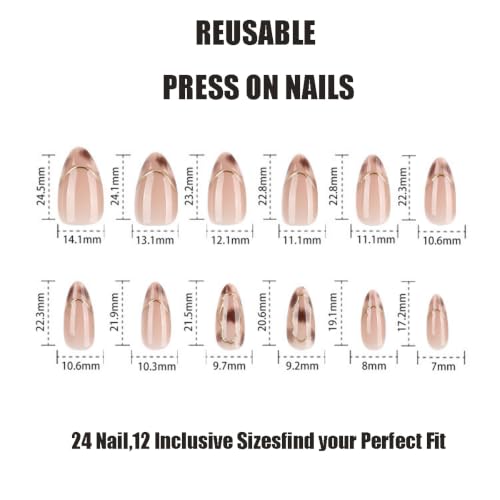Image of Tortoiseshell Print Press on Nails French Tip Fake Nails Ombre False Nail | 3D Gold Line Nail Press ons Medium Almond Stick on Nails Glossy Reusable Full Cover Daily Manicure 24Pcs for Women
