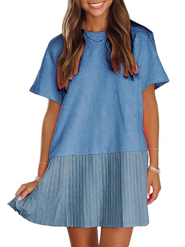 Image of EXLURA Womens Summer Casual Short Sleeve Dress Crewneck Tshirt Dresses Pleated Aline Mini Dress 2025 Vacation Beach Sundress