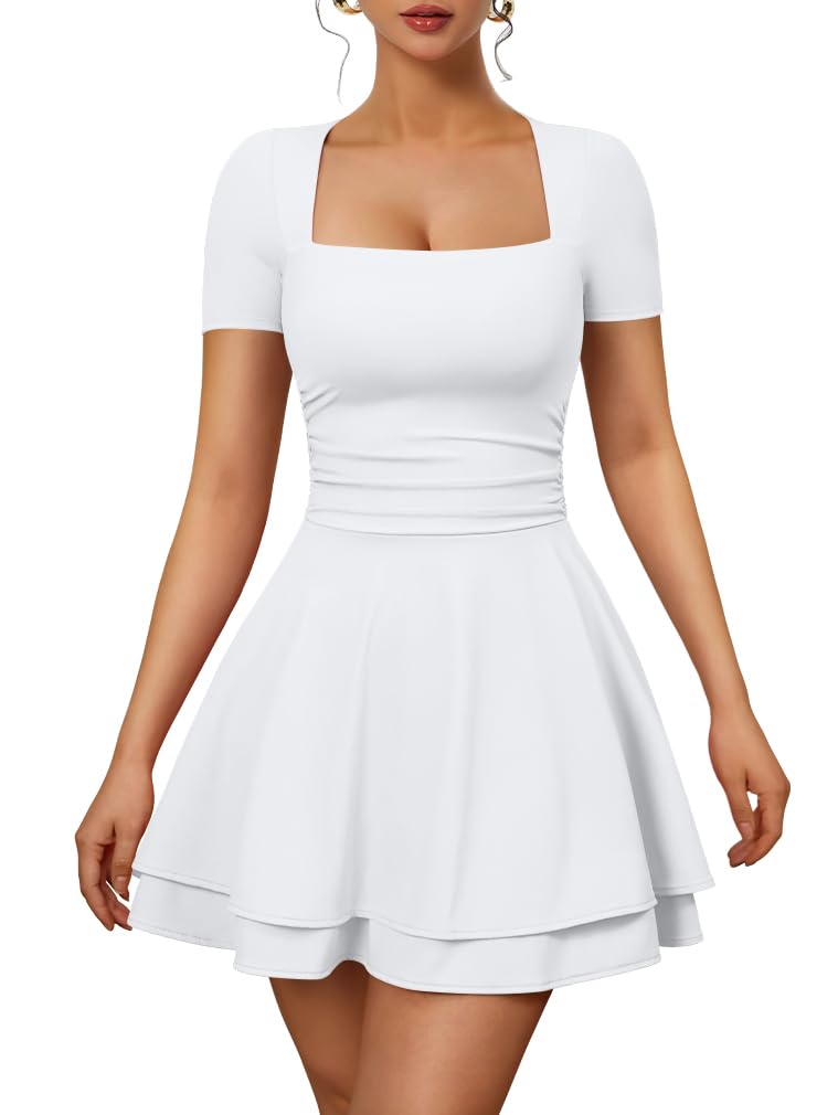 XXTAXN Womens Sexy Square Neck Short Sleeve Flowy Club Mini Dress | Ruched Tiered, Ruffle Hem,Party Cocktail Birthday,Graduation Homecoming,Wedding Guest.Vacation Valentines Halloween, Church