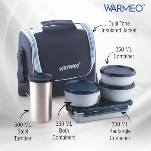 Image of WARMEO Micro Meal Microwave Safe Lunch Box | 1 Rectangular Container 600ml + 2 Round Containers 350ml Each + 1 Round Container 250ml + 1 Steel Tumbler 500ml | Office,School,Picnic,Blue