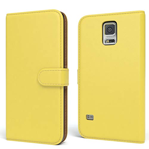 EAZY CASE Tasche kompatibel mit Samsung Galaxy S5/LTE+/Duos/Neo Schutzhülle mit Standfunktion Klapphülle Bookstyle, Handytasche Handyhülle mit Magnetverschluss & Kartenfach, Kunstleder, Gelb