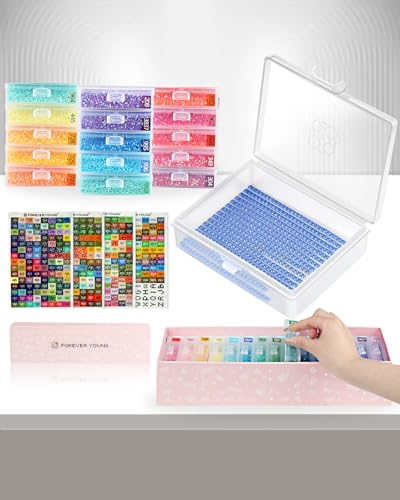 Image of forever young Diamond Art Storage Containers Trays & Stand, 15 PCS Diamond Painting Trays with Lids for Adults & Hobbyists, 2-in-1 Organizer for Bead Sorting & Organized Workspace (Boxed Set)