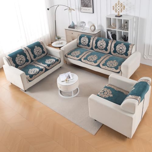 Image of HOKIPO Shahi Teal Premium Chenille Jacquard Sofa Cover 6 Seater Set - Washable 3+2+1 Sofa Panel for Seat & Back | 'Royal Aangan Series' (IN-1008 * 2 + IN-1007 * 2 + IN-1006 * 2-L2)